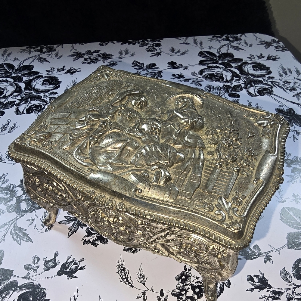 Vintage Ornate Silver Jewelry Trinket Box With Victorian Ladies Red Inside